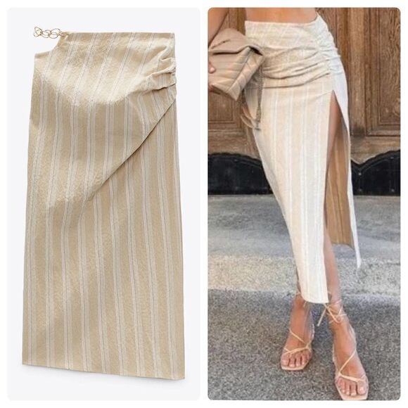 Zara Skirt Striped Cut Out Chain New Midi Slit - Picture 1 of 5